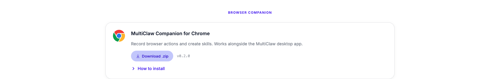 The MultiClaw Chrome Extension download card on download.multiclaw.io