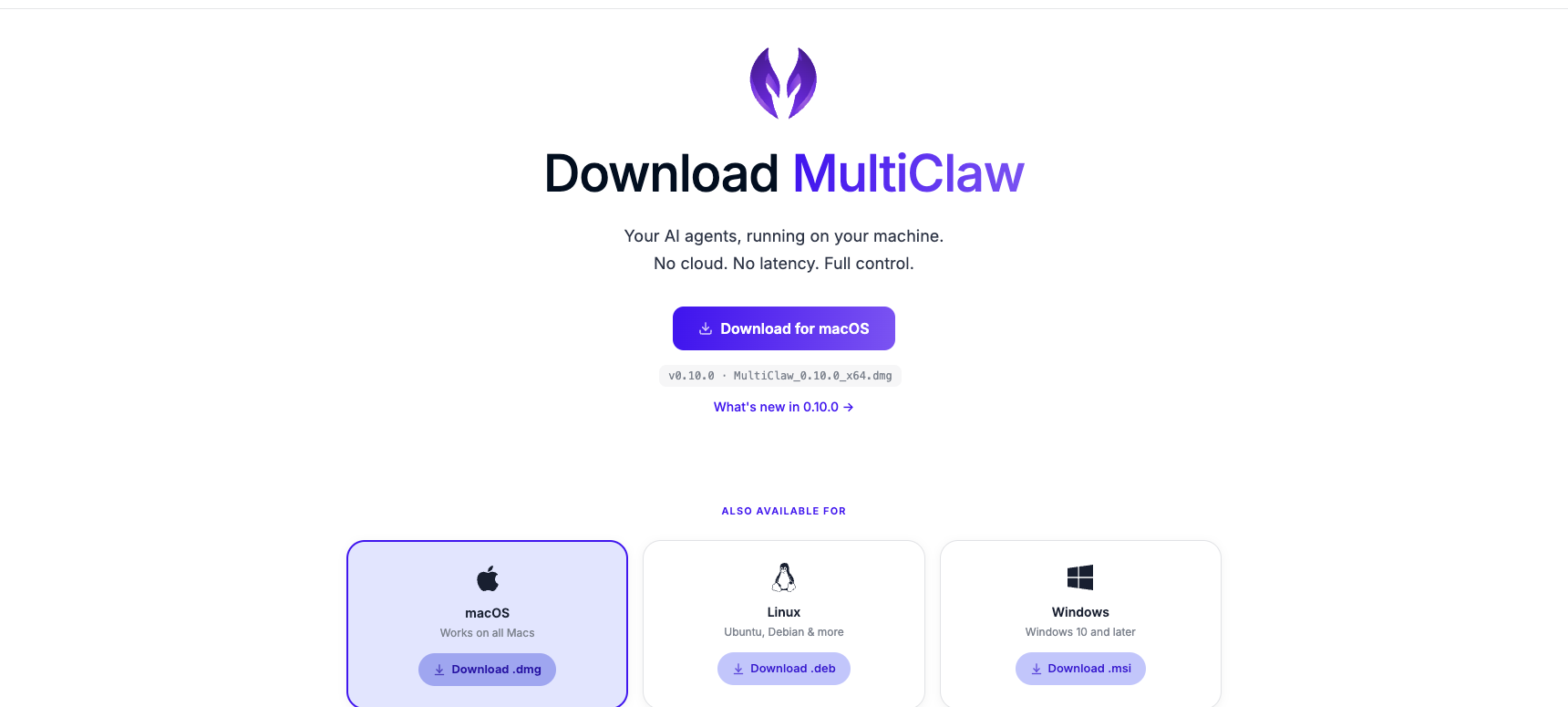 The download.multiclaw.io page showing the Download for macOS button and platform cards for macOS, Linux, and Windows